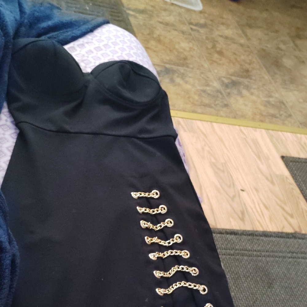 Fashion Nova Black and Gold Strapless Bodycon Dress